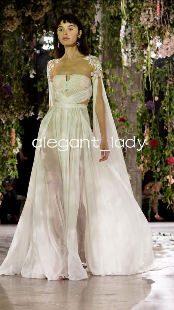 Fairytale Bohemian Beach Wedding Dresses with Sleeve Cape Lace Chiffon Full Length Bridal Gown Outfit Vestidos de novia