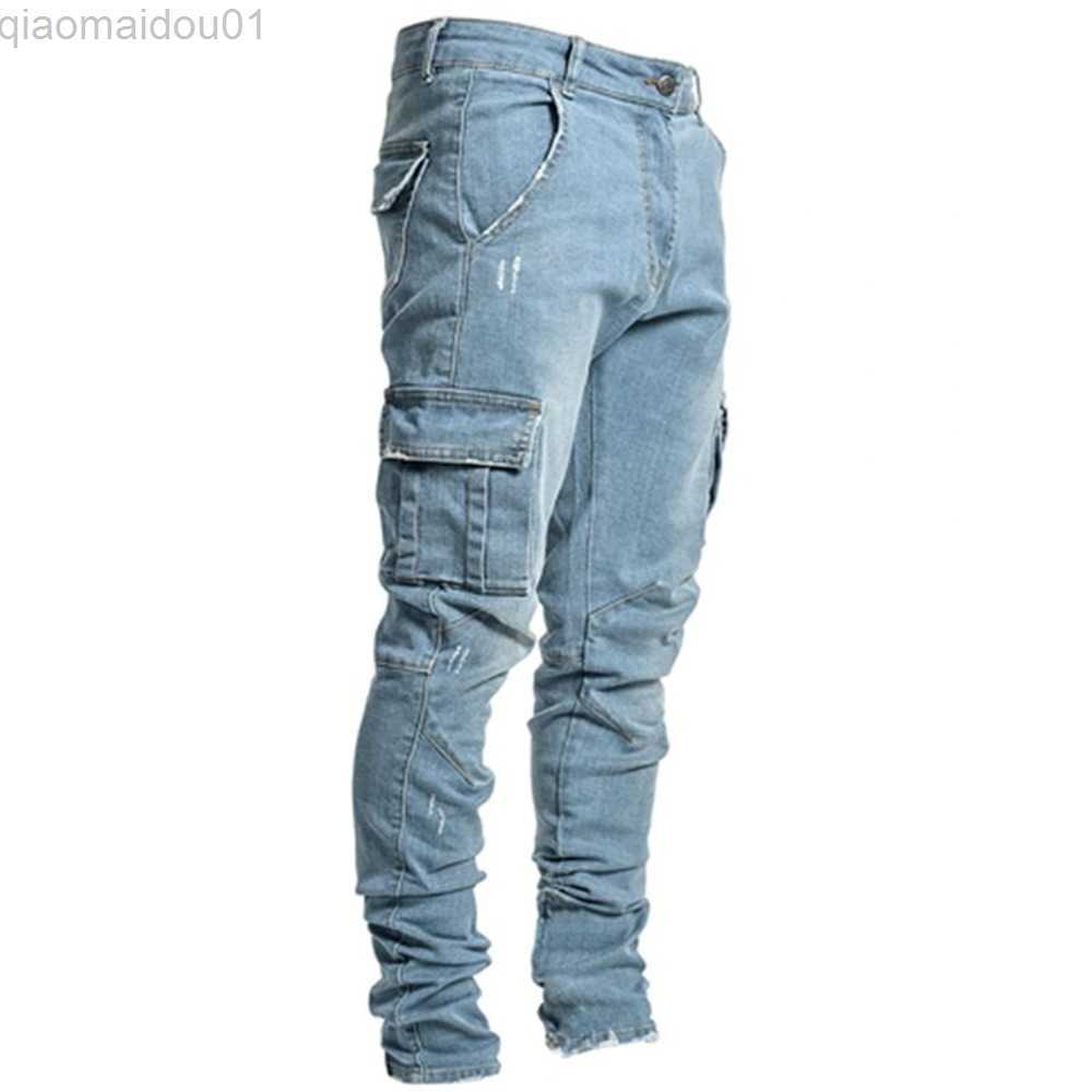 Men's Jeans 2022 Newest Europe Jeans Men Pencil Pants Casual Cotton Denim Ripped Distressed Hole New Fashion Pants Side Pockets Cargo pants L2307