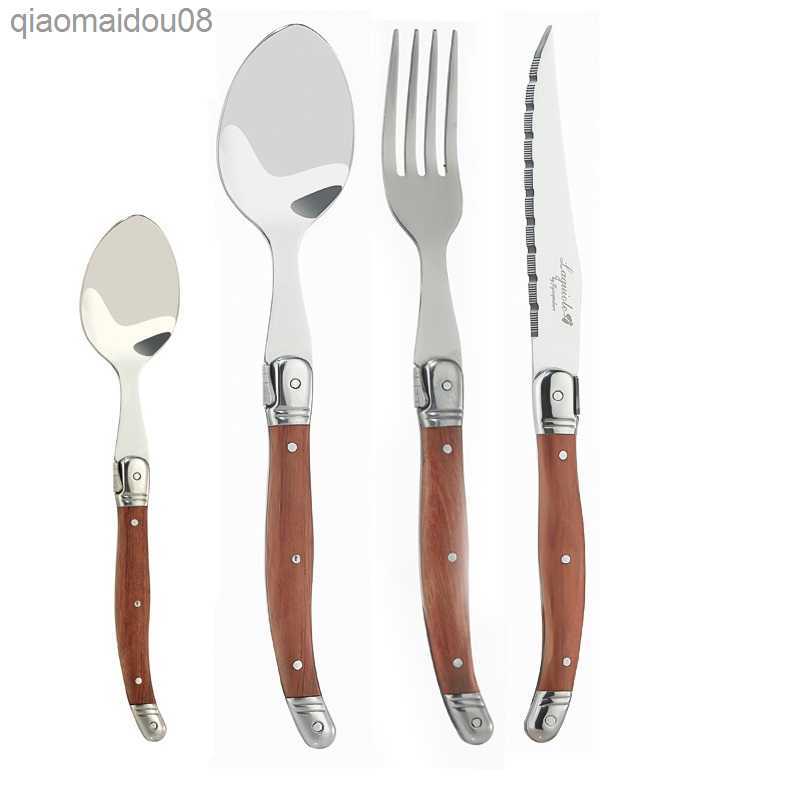 4-24pcs Laguiole Steak Knives Dinner Forks Table Spoon Mini Coffee Teaspoon Wood Handle Cutlery Restaurant Bar Wooden Tableware L260523