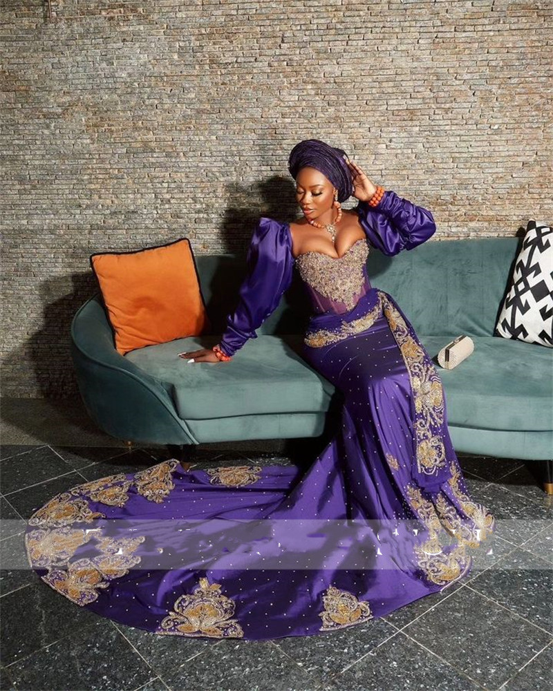 Ebi Satin Aso Purple Sweetheart Prom Dresses Appliques Birthday Party Gown with Lantern Sleeve Mermaid Evening Wears Robe De Bal