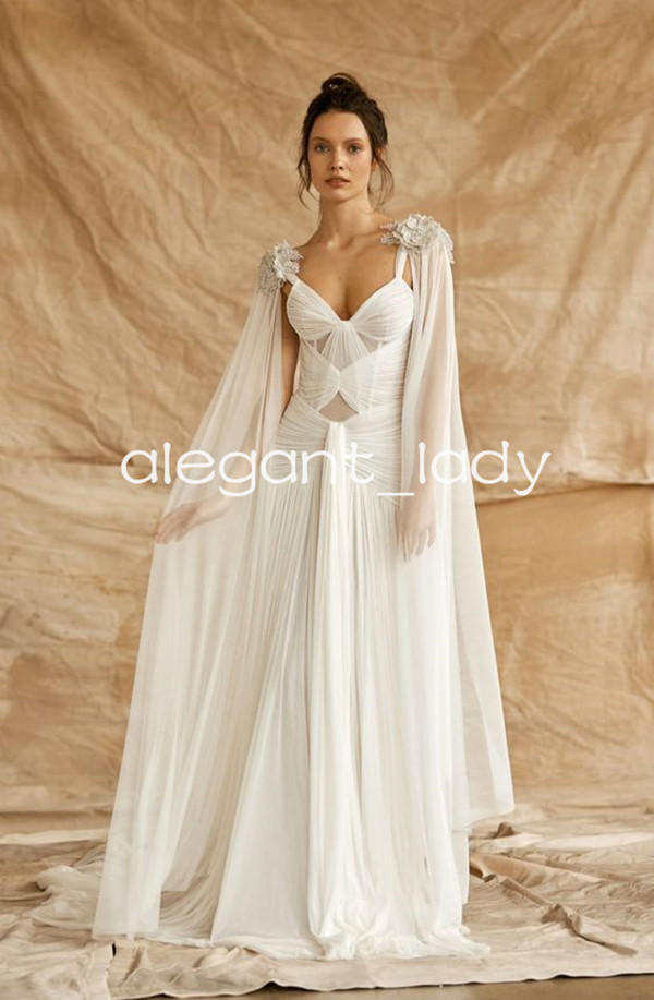 Grace Greek Beach Wedding Dresses Inner-corset Detachable Wing Sleeves Pleated Draped Silk Tulle Boho Bridal Gowns