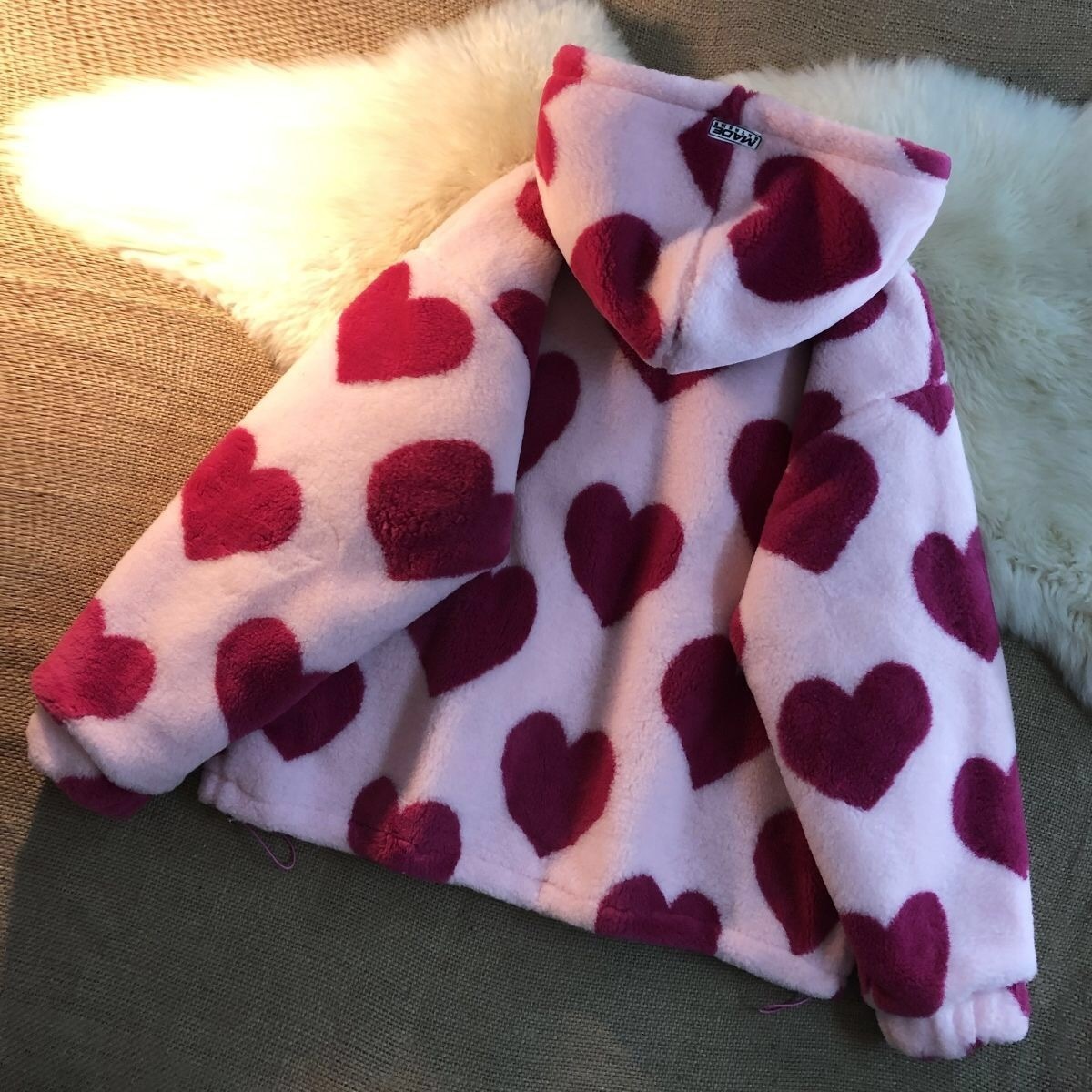 Women's Jackets Pink Heart Print Women Jacket Winter Warm Zipper Flannel Parka Harajuku Lambswool Sherpa Streetwear Loose Couple Hoodie Coat 2307