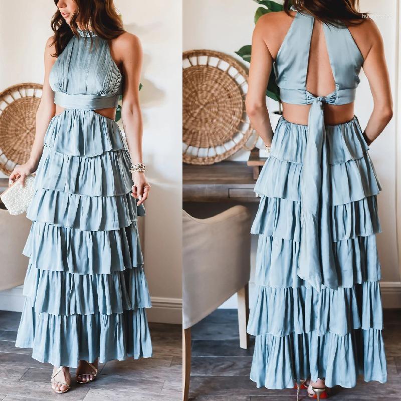 Casual Dresses Elegant Fashion Sleeveless High Waist Halter Corset Ruffle Graduation Evening Dress Summer Women Sexy Party Cake