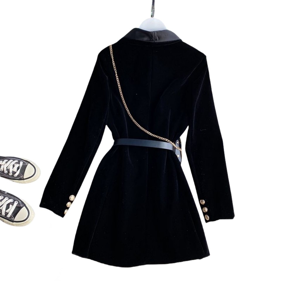 New design womens fashion turn down collar velvet fabric with waist bag sashes double breasted short blazer dress SML