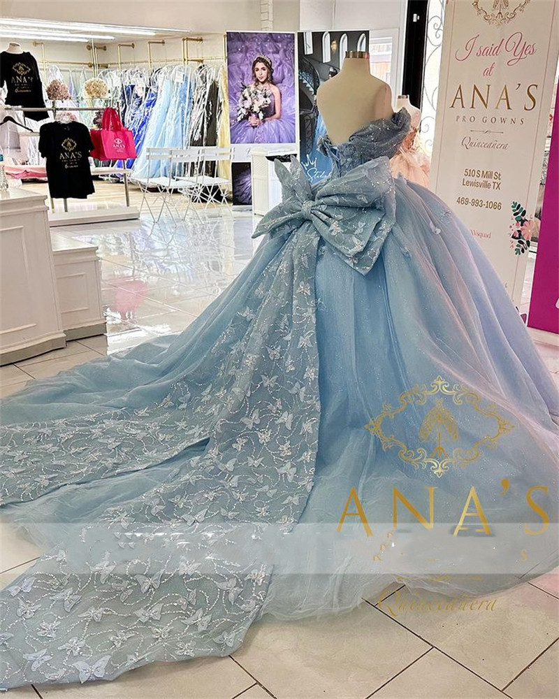 Blue Sweetheart Sky Princess Ball Gown Quinceanera Dress for Girls Beaded 3D Flowers Birthday Party Gowns Bow Prom Dresses Robe De s es