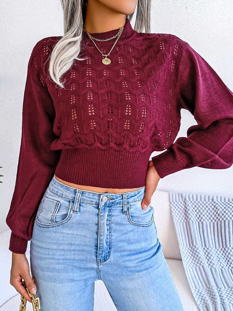 Autumn Winter Fashion Women's Sweater New Knitted Long Sleeve Hollow Crop Top Casual Slim Sweaters Elegant Red Pullover 2023