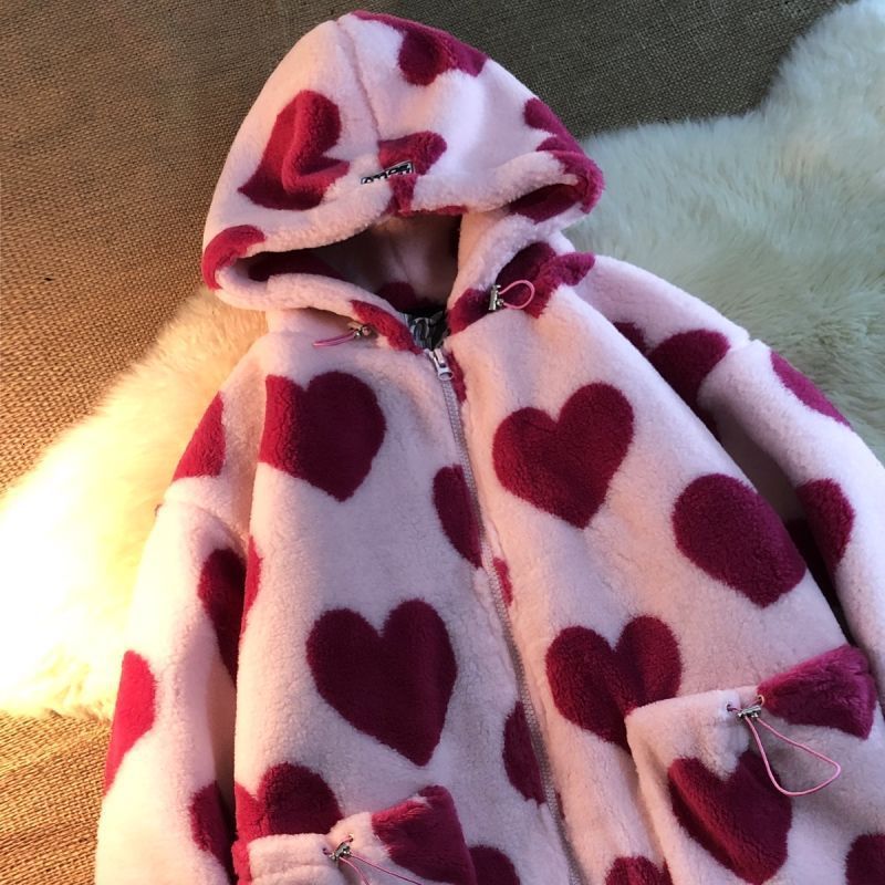 Women's Jackets Pink Heart Print Women Jacket Winter Warm Zipper Flannel Parka Harajuku Lambswool Sherpa Streetwear Loose Couple Hoodie Coat 2307
