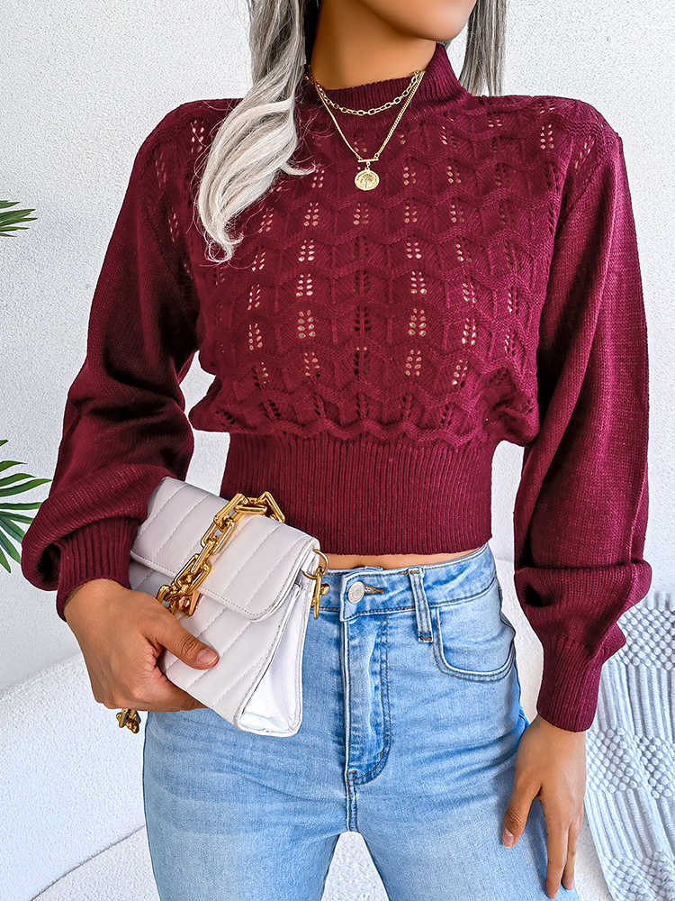 Autumn Winter Fashion Women's Sweater New Knitted Long Sleeve Hollow Crop Top Casual Slim Sweaters Elegant Red Pullover 2023