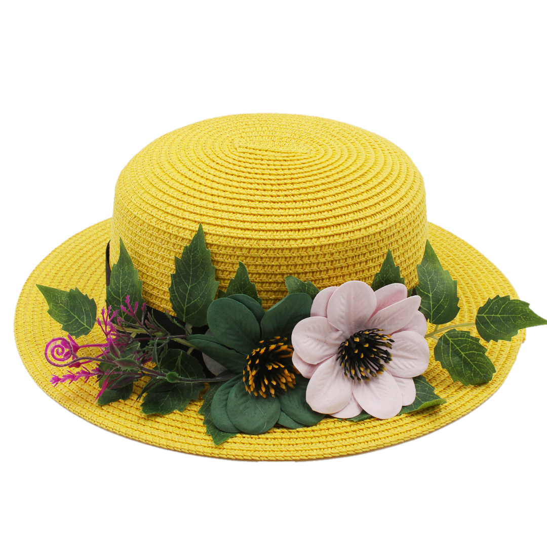 Women Straw Boater Hat Summer Beach Sun Sailor Bowler Cap Floppy Flat Top w/Flower Hatband