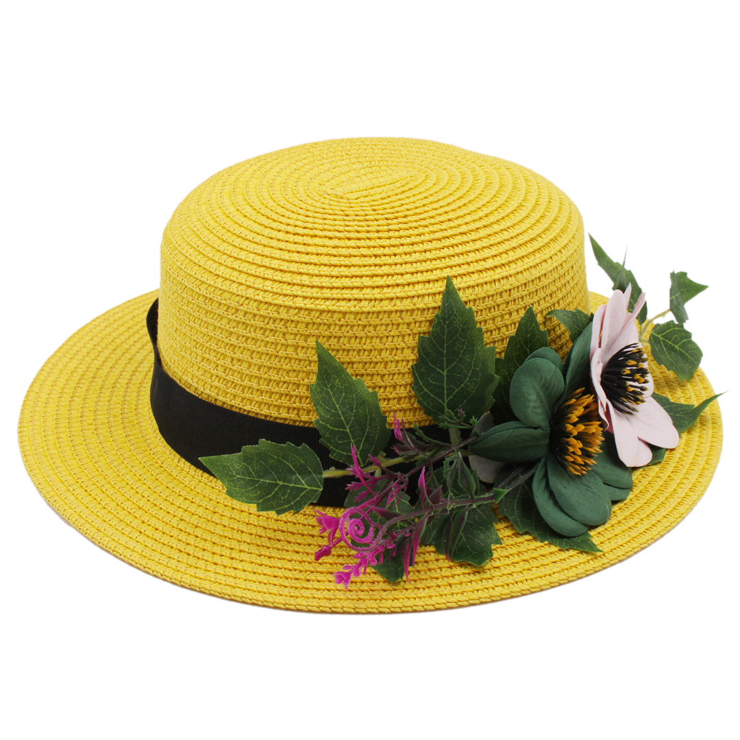 Women Straw Boater Hat Summer Beach Sun Sailor Bowler Cap Floppy Flat Top w/Flower Hatband