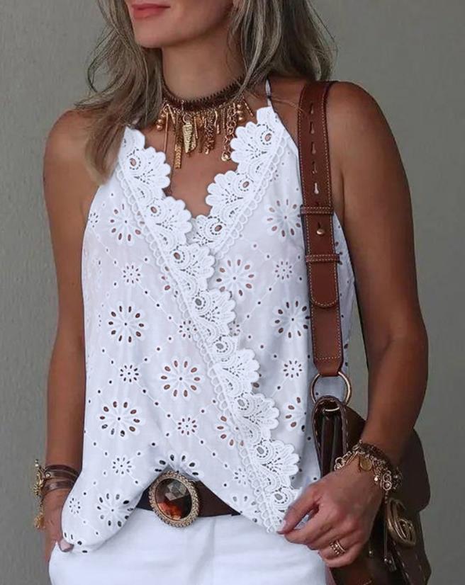 Women's Tanks Camis Top Women 2023 Summer Fashion Eyelet Embroidery Lace Patch Halter Casual VNeck Plain Sleeveless Daily Wrap Tank Y2K Clothes 2