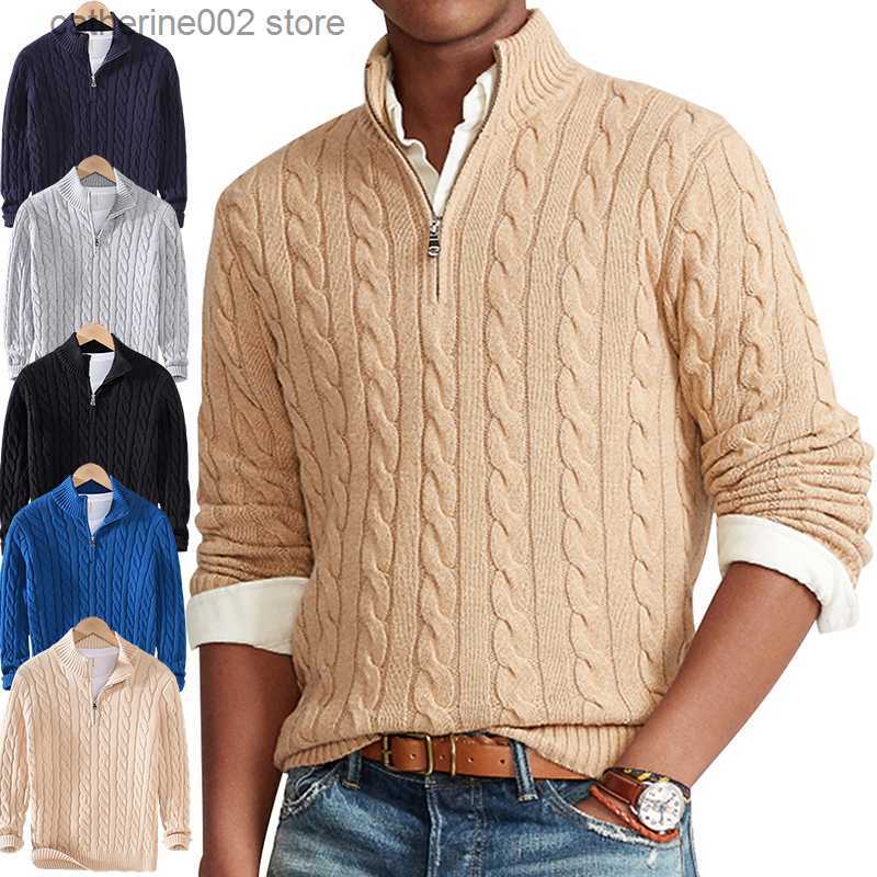 Men's Sweaters Brand High Quality 100% Cotton Sweaters Men's Autumn Cable Knit Sweater With Zipper High Collar Pullovers Zipper Pull Ho