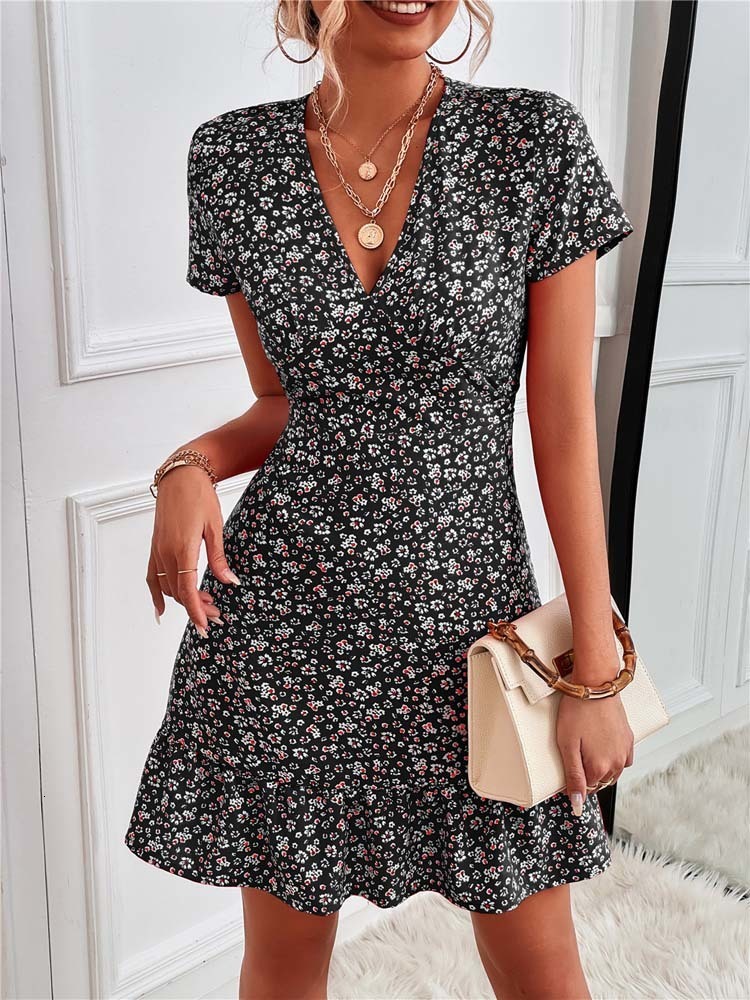 Basic Casual Dresses Summer Short Boho Dres V Neck Print Floral Party Dress Ladies Bohemian Flower Mini For Women 230724
