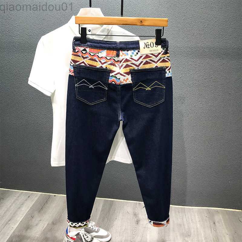 Men's Jeans Brand Men Clothing Fashion Slim Jeans Embroidery Stitching Simple Japanese Streetwear Navy Blue Denim Cargo Pants L230724