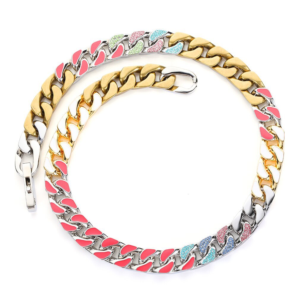 12mm Hip Hop Stainless Steel Cuban Link Chain Colorful Zircon Cool Men no Fade