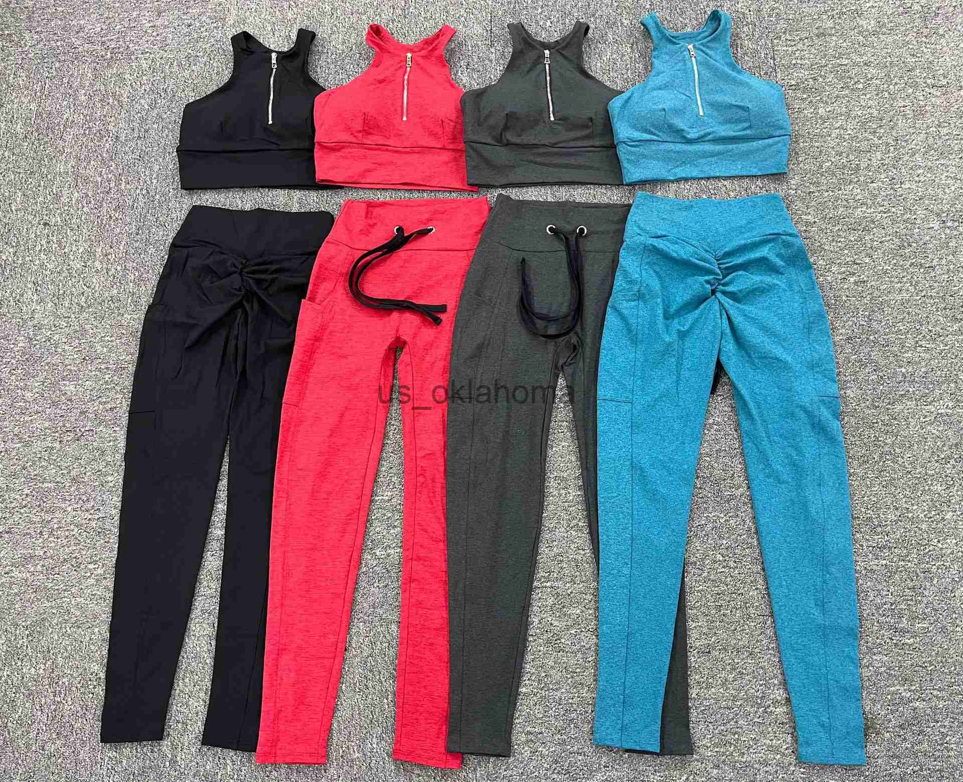 Yoga Outfit 2023 Zipper Bra Women Workout High Neck Edgy Yoga Set Gym Pocket High Waist Scrunch Leggings Butt Yoga Pant Outfit Fitness Suits J230725