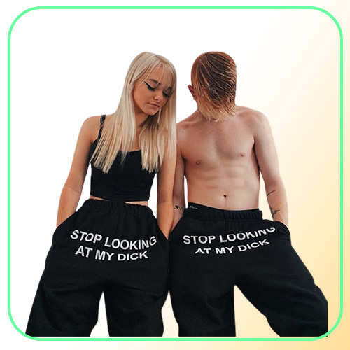 Men039s Pants Fashion Printed Letter STOP LOOKING AT MY DICK Sweatpants With Pockets Black Grey High Waist Drawstring Loose Cas