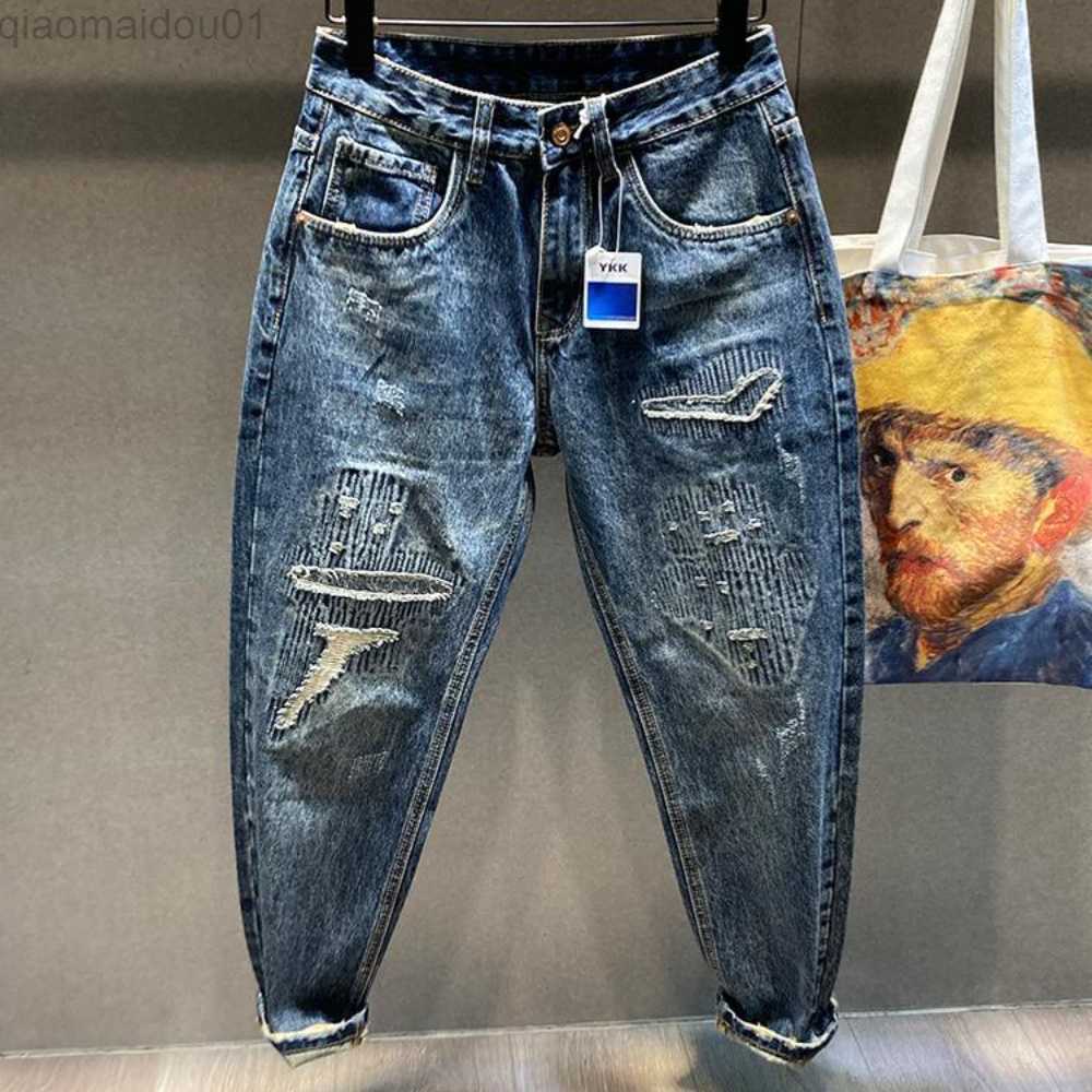 Men's Jeans Ripped Jeans Men Dark Gray Stretch Capris Pants Distressed Casual Harem Pants Hip Hop Patched Ankle Length Trousers Jeans Brand L2307