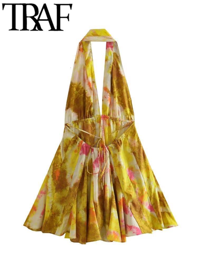 Basic Casual Dresses TRAF Thin Summer Printed Women Mini Dress Deep V Neck Sleeveless Backless A-Line Female Halter Dresses Y2K Sexy 230721
