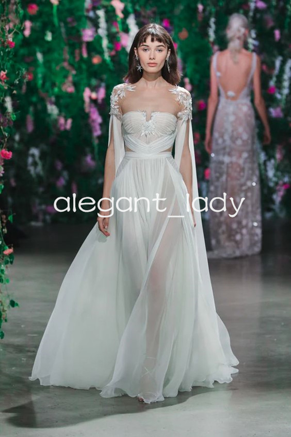 Fairytale Bohemian Beach Wedding Dresses with Sleeve Cape Lace Chiffon Full Length Bridal Gown Outfit Vestidos de novia