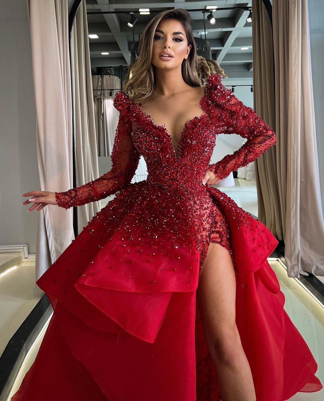 Elegant Sequin Beaded V-Neck Mermaid Prom Dress with Detachable Train