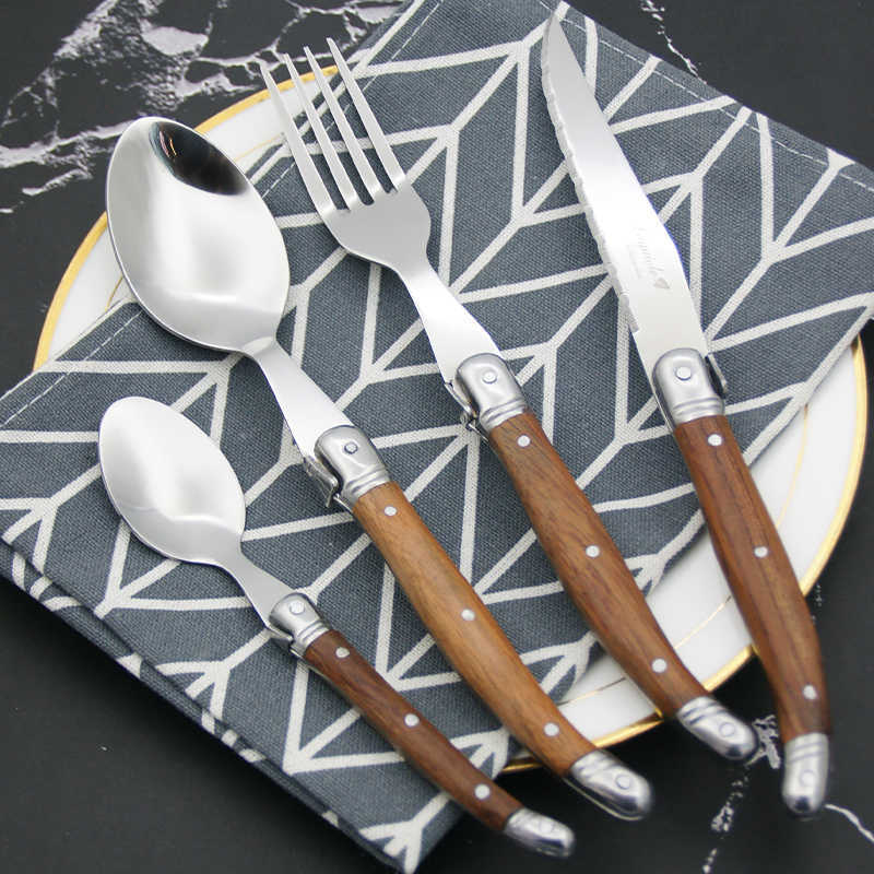 4-24pcs Laguiole Steak Knives Dinner Forks Table Spoon Mini Coffee Teaspoon Wood Handle Cutlery Restaurant Bar Wooden Tableware L260523