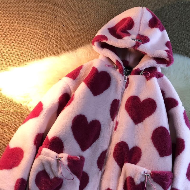 Women's Jackets Pink Heart Print Women Jacket Winter Warm Zipper Flannel Parka Harajuku Lambswool Sherpa Streetwear Loose Couple Hoodie Coat 2307