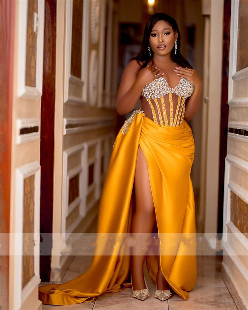Yellow Sheer O Neck Prom Dresses Beaded Crystal Birthday Party Gown Pleats Mermaid High Slit Formal Dress With Full Mesh Slee 322