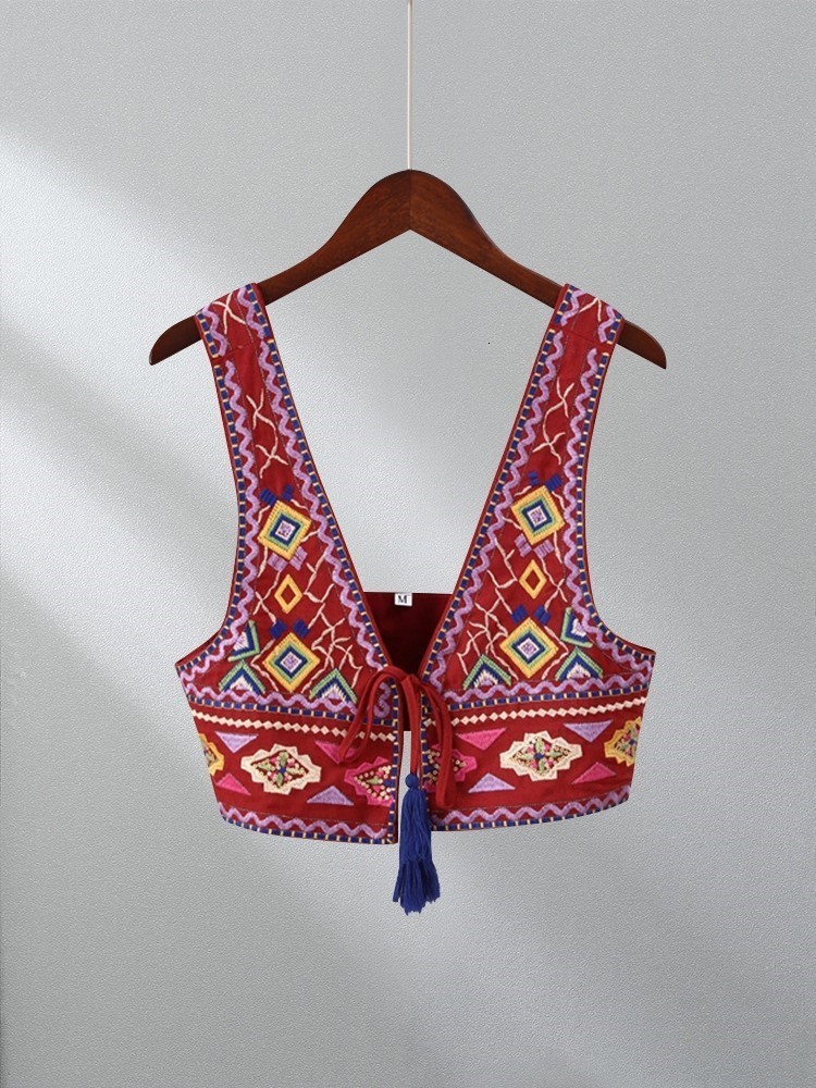 Women's Tanks Camis Vintage Embroidery Tassel Lace Up Vest For Women Sexy Sleeveless Backless Short WaistCoat Tops Fashion Ladies Highstreet Outf