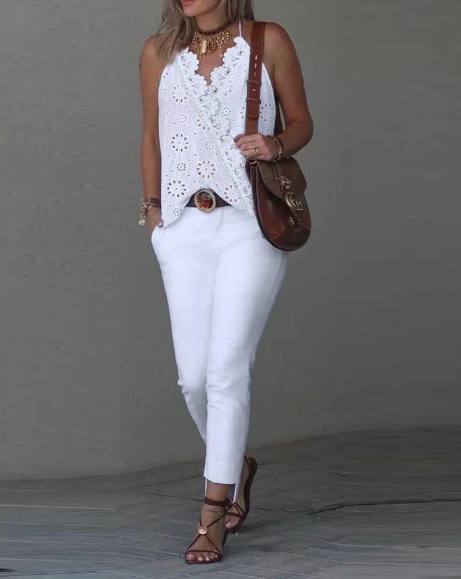 Women's Tanks Camis Top Women 2023 Summer Fashion Eyelet Embroidery Lace Patch Halter Casual VNeck Plain Sleeveless Daily Wrap Tank Y2K Clothes 2