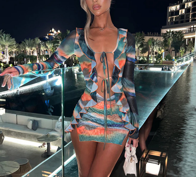 Basic Casual Dresse Mini Dress Long Sleeve Lacing Tiedye Print Patchwork Slit Bodycon for Club Party 230724