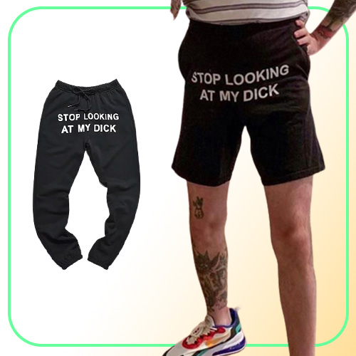 Men039s Pants Fashion Printed Letter STOP LOOKING AT MY DICK Sweatpants With Pockets Black Grey High Waist Drawstring Loose Cas