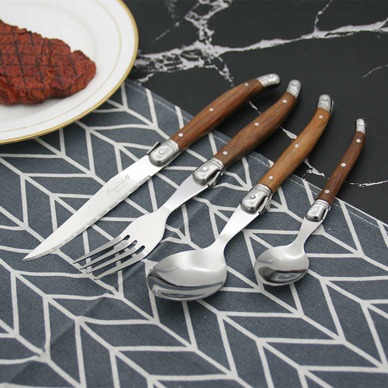 4-24pcs Laguiole Steak Knives Dinner Forks Table Spoon Mini Coffee Teaspoon Wood Handle Cutlery Restaurant Bar Wooden Tableware L260523