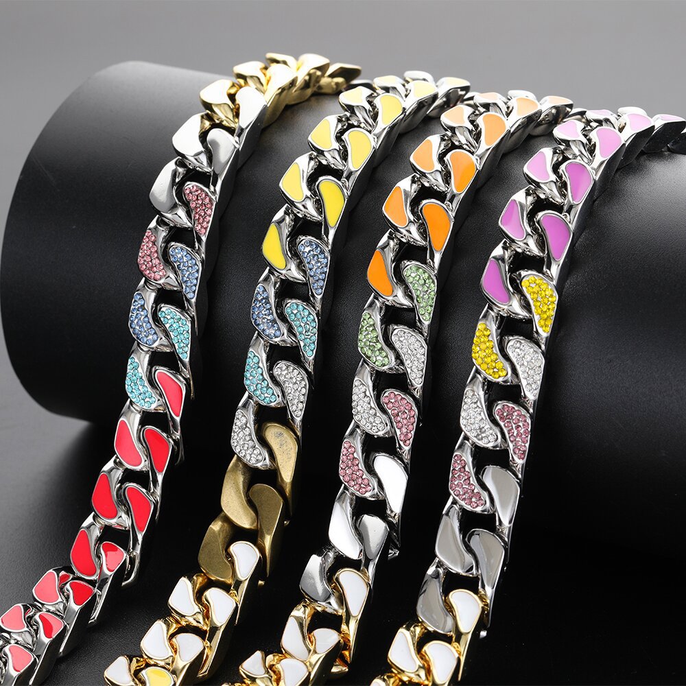12mm Hip Hop Stainless Steel Cuban Link Chain Colorful Zircon Cool Men no Fade