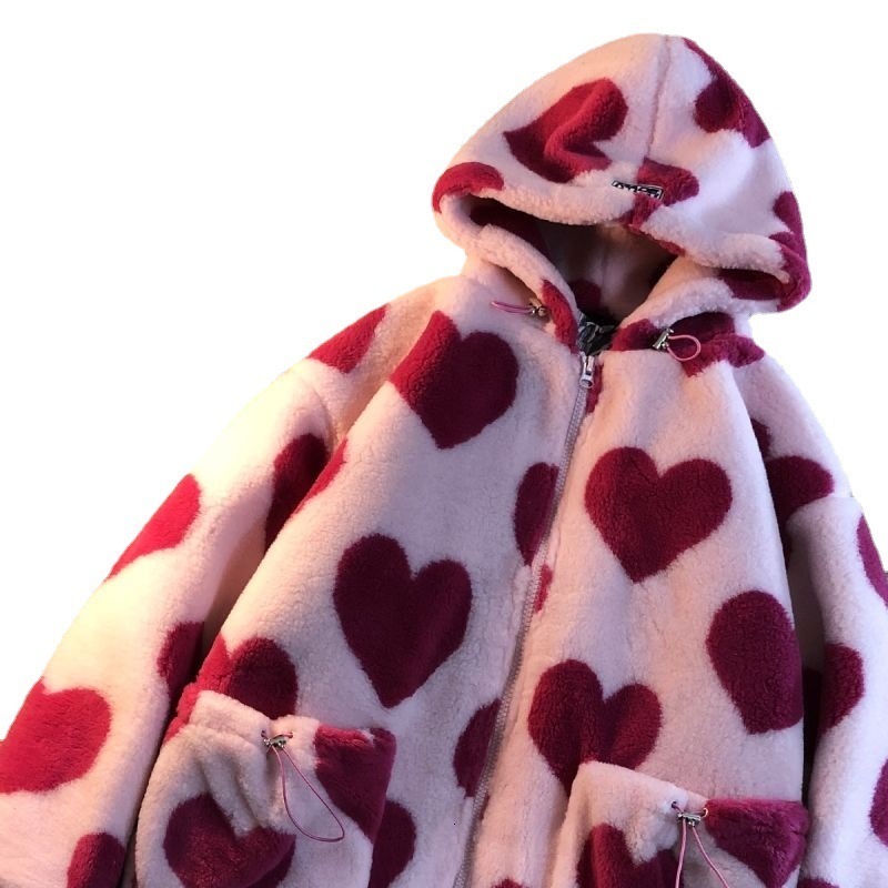 Women's Jackets Pink Heart Print Women Jacket Winter Warm Zipper Flannel Parka Harajuku Lambswool Sherpa Streetwear Loose Couple Hoodie Coat 2307
