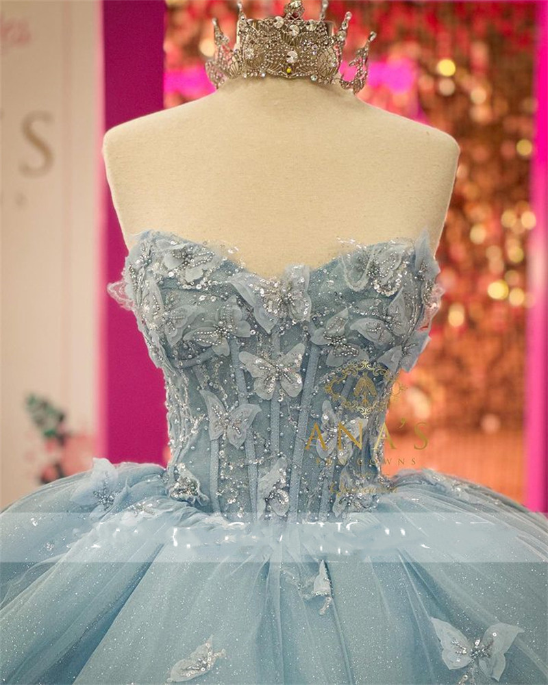 Blue Sweetheart Sky Princess Ball Gown Quinceanera Dress for Girls Beaded 3D Flowers Birthday Party Gowns Bow Prom Dresses Robe De s es
