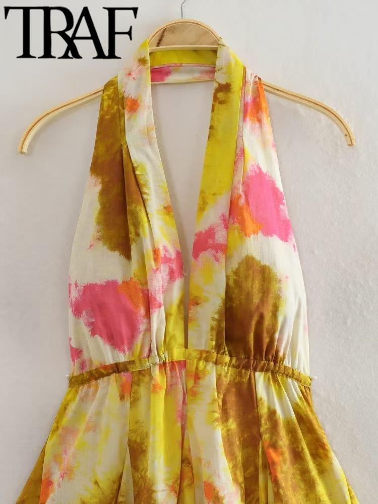 Basic Casual Dresses TRAF Thin Summer Printed Women Mini Dress Deep V Neck Sleeveless Backless A-Line Female Halter Dresses Y2K Sexy 230721