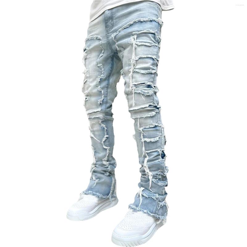 Men's Jeans Regular Fit Stacked Patch Distressed Destroyed Straight Denim Pants Streetwear Clothes Casual Jean