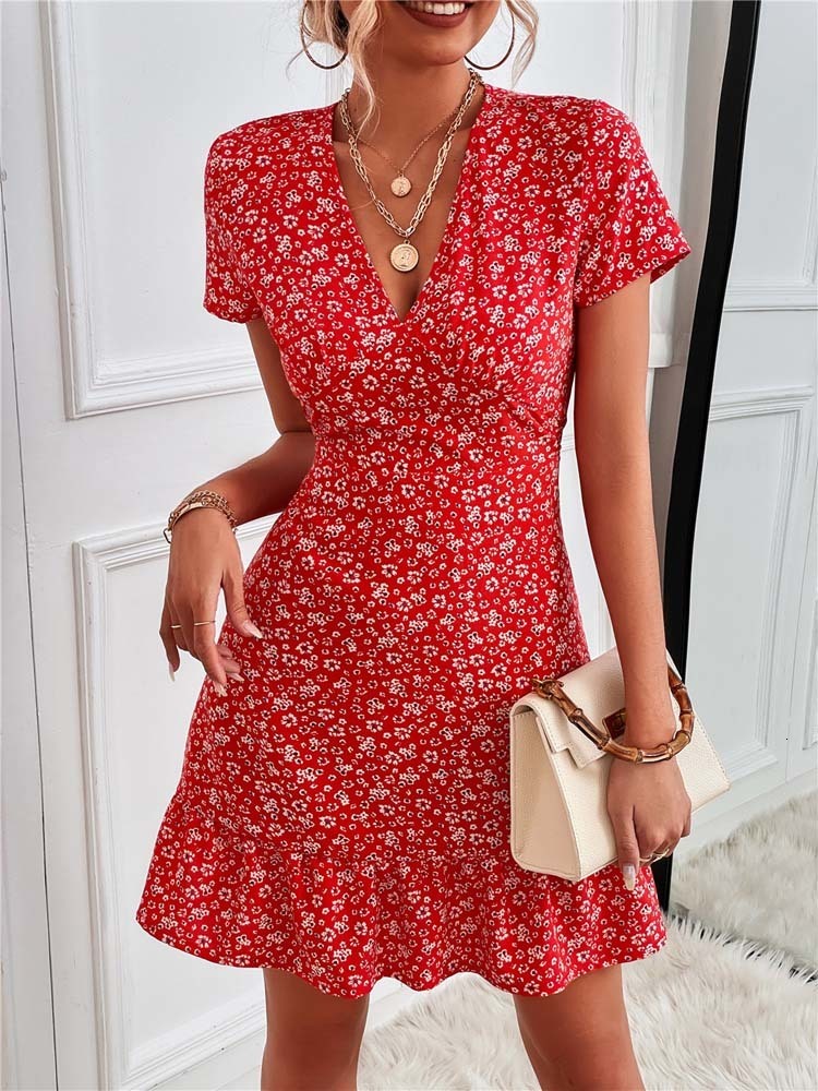 Basic Casual Dresses Summer Short Boho Dres V Neck Print Floral Party Dress Ladies Bohemian Flower Mini For Women 230724