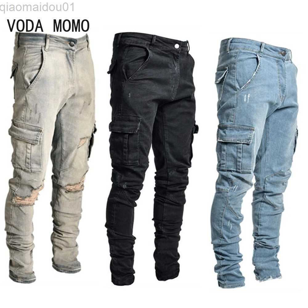 Men's Jeans 2022 Newest Europe Jeans Men Pencil Pants Casual Cotton Denim Ripped Distressed Hole New Fashion Pants Side Pockets Cargo pants L2307