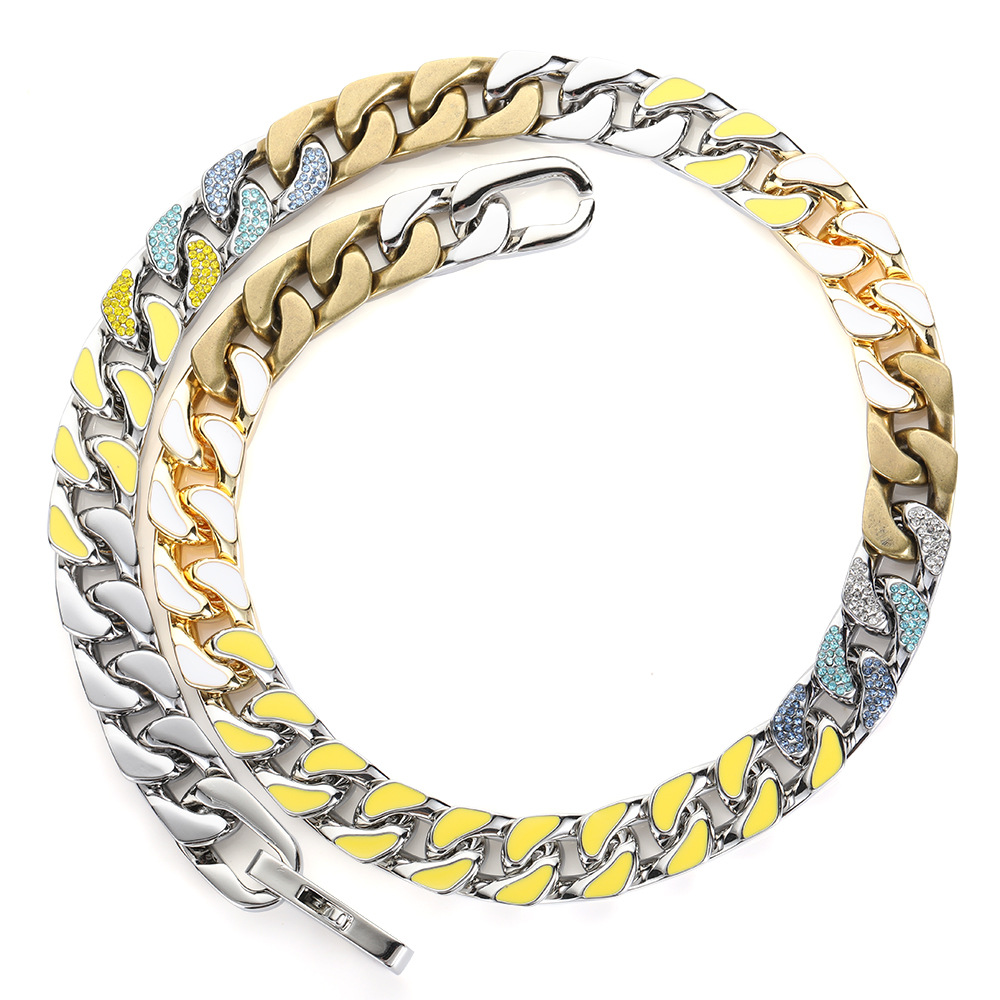 12mm Hip Hop Cuban Link Chain Colorful Zircon Cool Men Women Chain Necklace