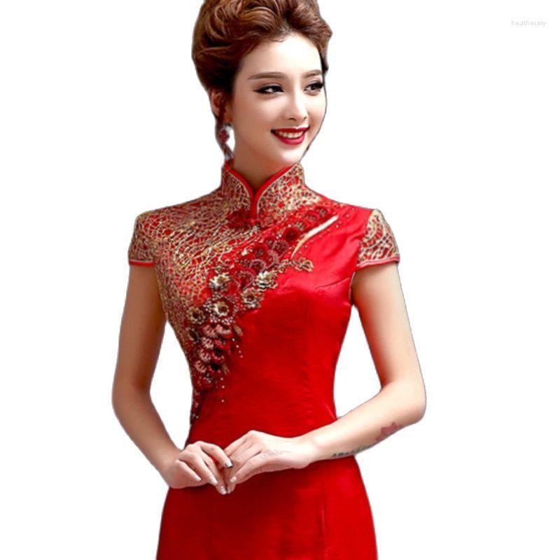 Ethnic Clothing Chinese Traditional Cheongsam Embroidery Modern Elegant Qipao Oriental Embroidered Long Red Wedding Dress Evening Party Gown