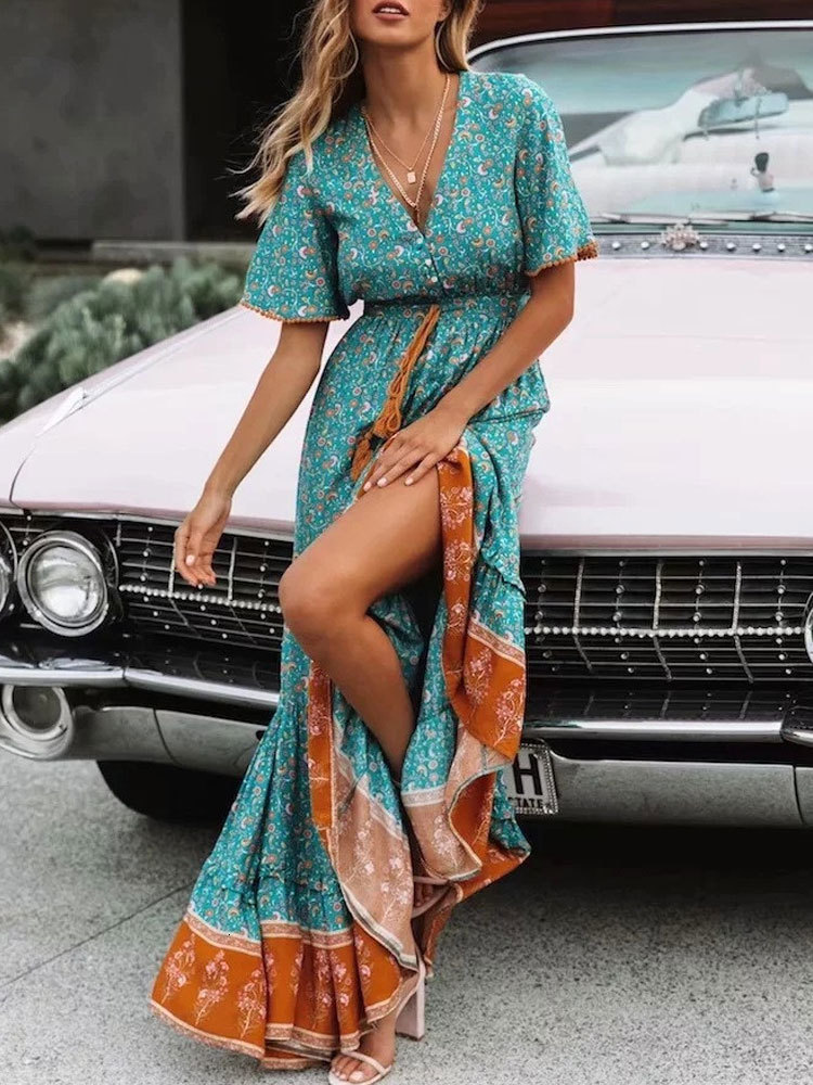 Basic Casual Dresses Summer Maxi Boho Dress Womens Tassel Bohemian Long Party Dress Womens Adhesive Flower Print Beach Dress 230724