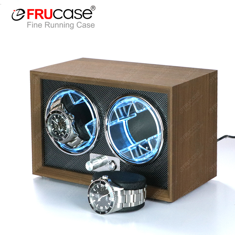 Watch Boxes Cases FRUCASE Double Watch Winder for Automatic Watches 2 Rolex Box Jewelry Display Collector Storage Wood Grain with Light 230725