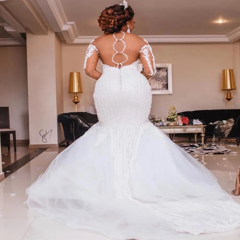 White Wedding Dress Plus Size Ivory Trumpet Mermaid Long Sleeve Tulle Applique Beaded Bridal Gown Illusion O-Neck 2024