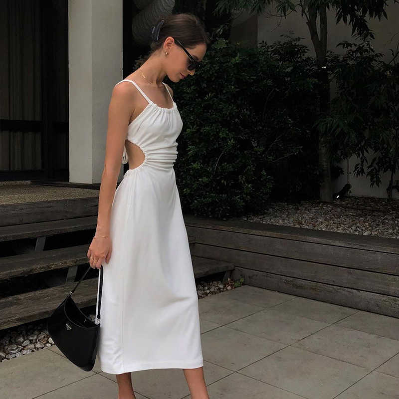 women knitted square neck sling dress for women's spring backless slim white dress