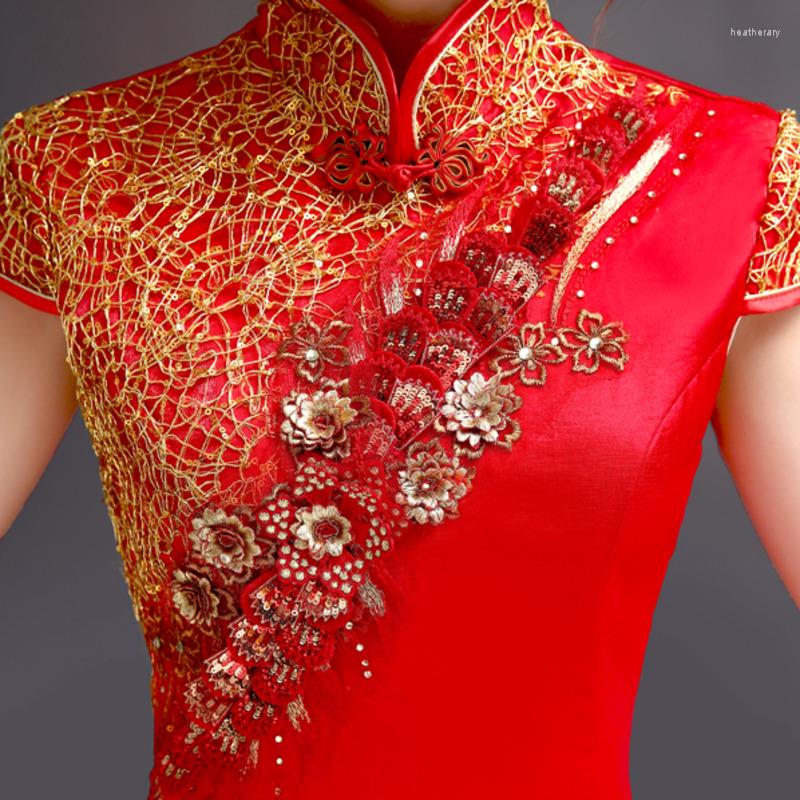 Ethnic Clothing Chinese Traditional Cheongsam Embroidery Modern Elegant Qipao Oriental Embroidered Long Red Wedding Dress Evening Party Gown