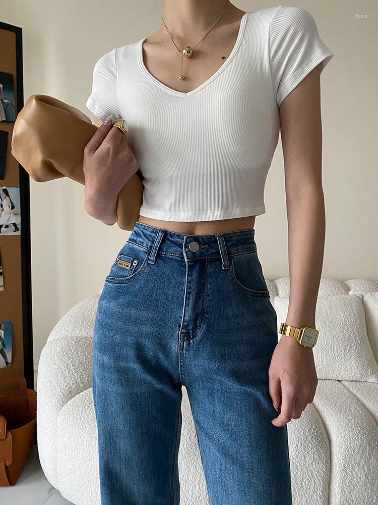 Womens T Shirts Women White Gray Brief Thin Short T-shirt V-Neck Sleeve Slim Fit Fashion Tide Spring Summer O051