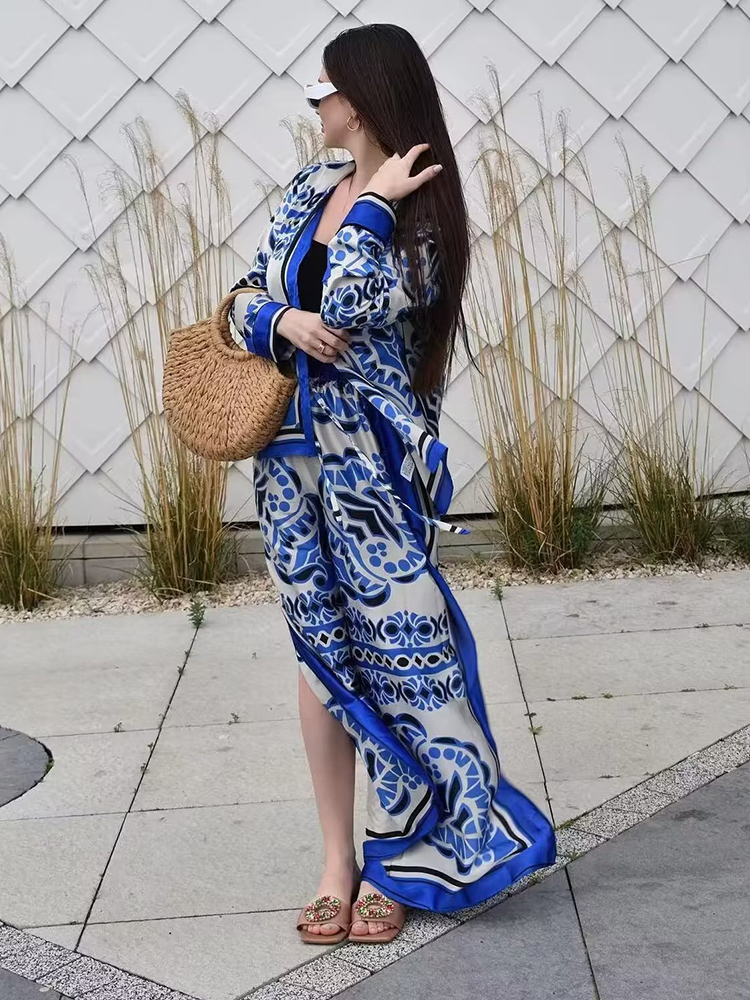 Womens Two Piece Pants Woman Shirts Sets Summer Geometric Print Loose Long sleeved Fashion Elastic Waist Wide Leg Outfits 230724