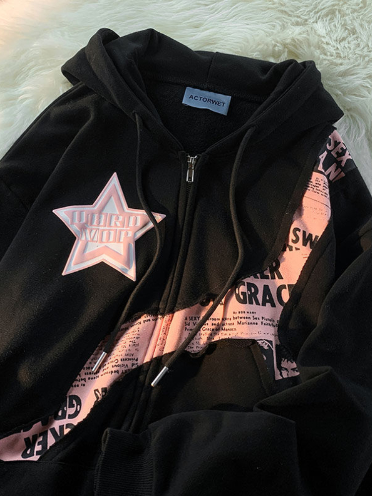 Womens Hoodies Sweatshirts Deeptown Y2K Vintage Zip Up Women Harajuku Hip Hop Letter Print Gothic Streetwear Loose Patchwork Tops Coats 230725